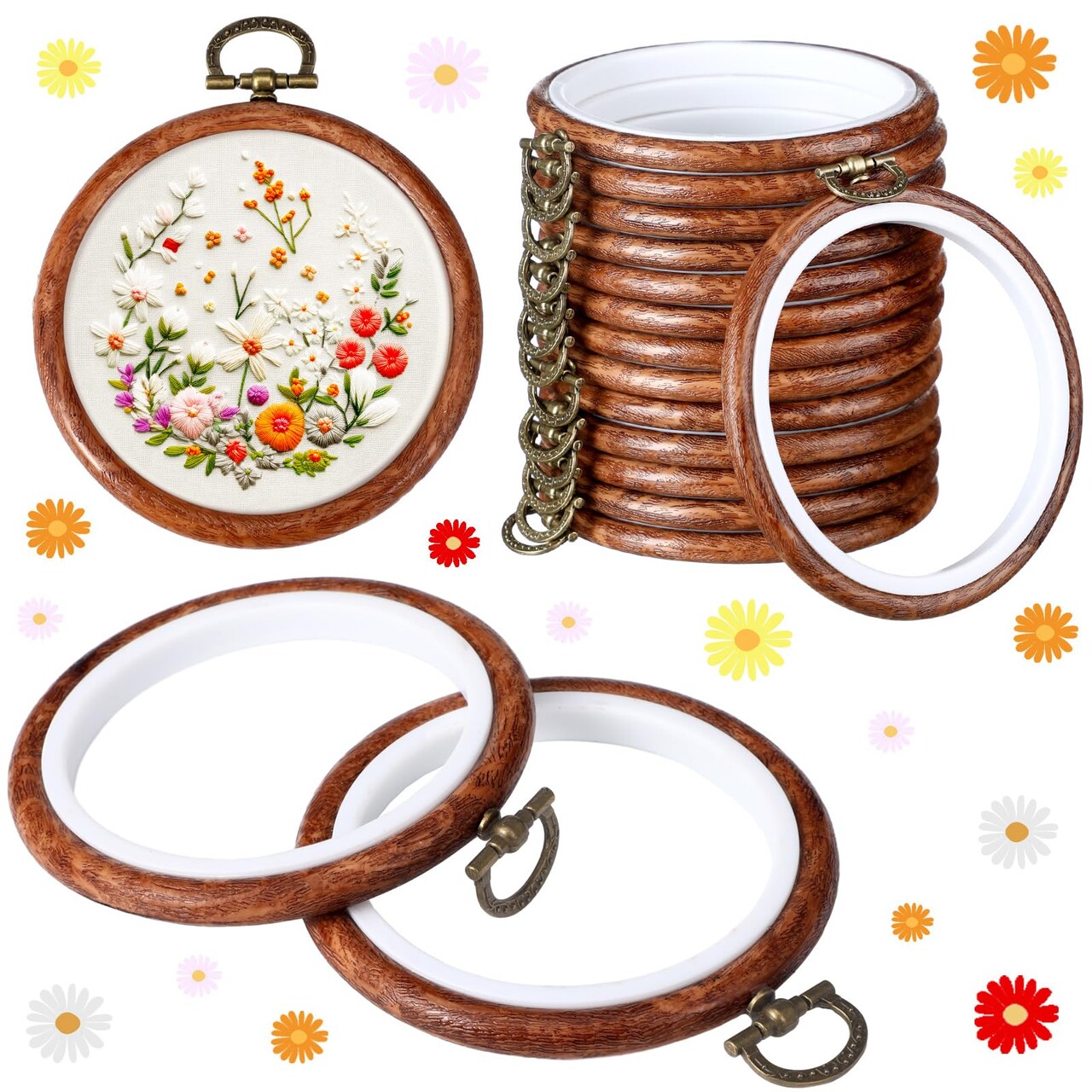15 Pcs 6 Inch Round Embroidery Hoops Frame Circle Rubber Hoops Ring Display Cross Stitch Ornament Imitated Wood Frame Kits for Christmas Halloween Craft Sewing DIY Hanging Gifts